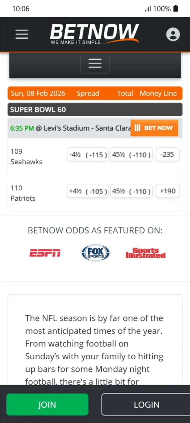 BetNow NFL Betting Interface