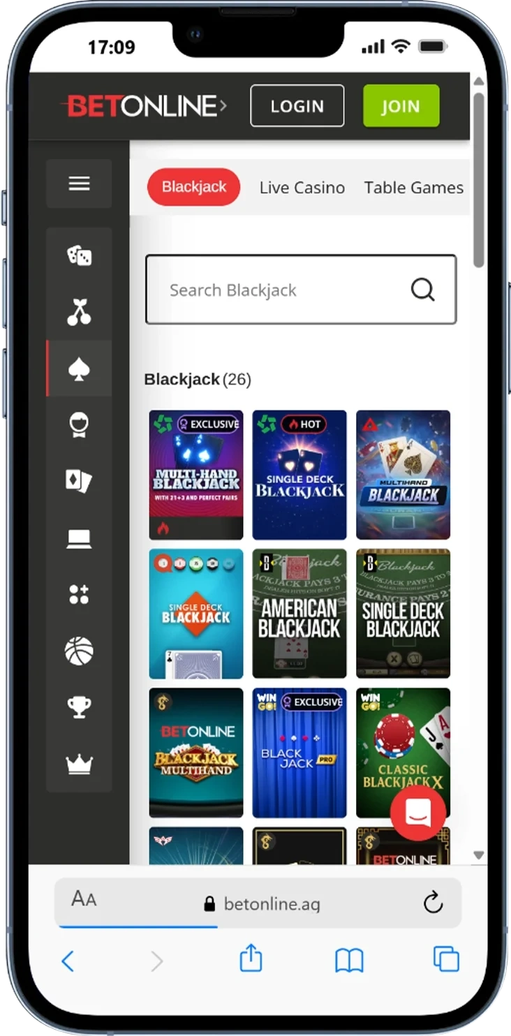 BetOnline Multi-Hand Blackjack with HD betting interface