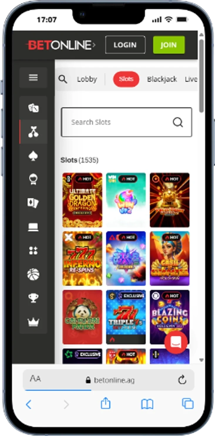 BetOnline Slots Lobby with 1,535+ slot games and progressive jackpots