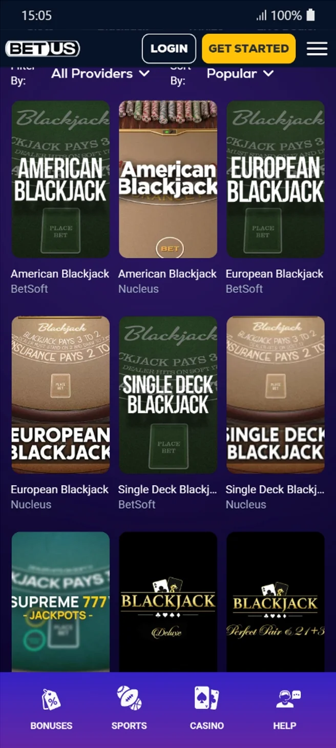 BetUS Blackjack Tables