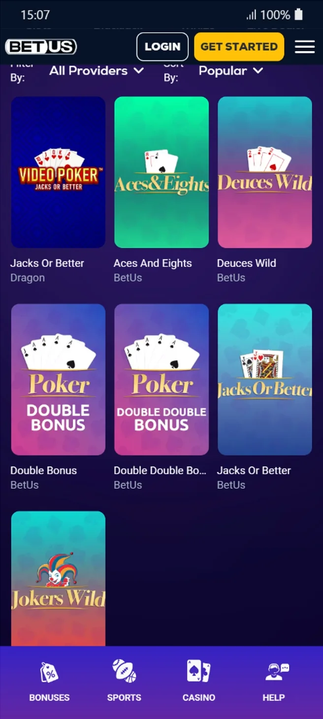 BetUS Video Poker Games