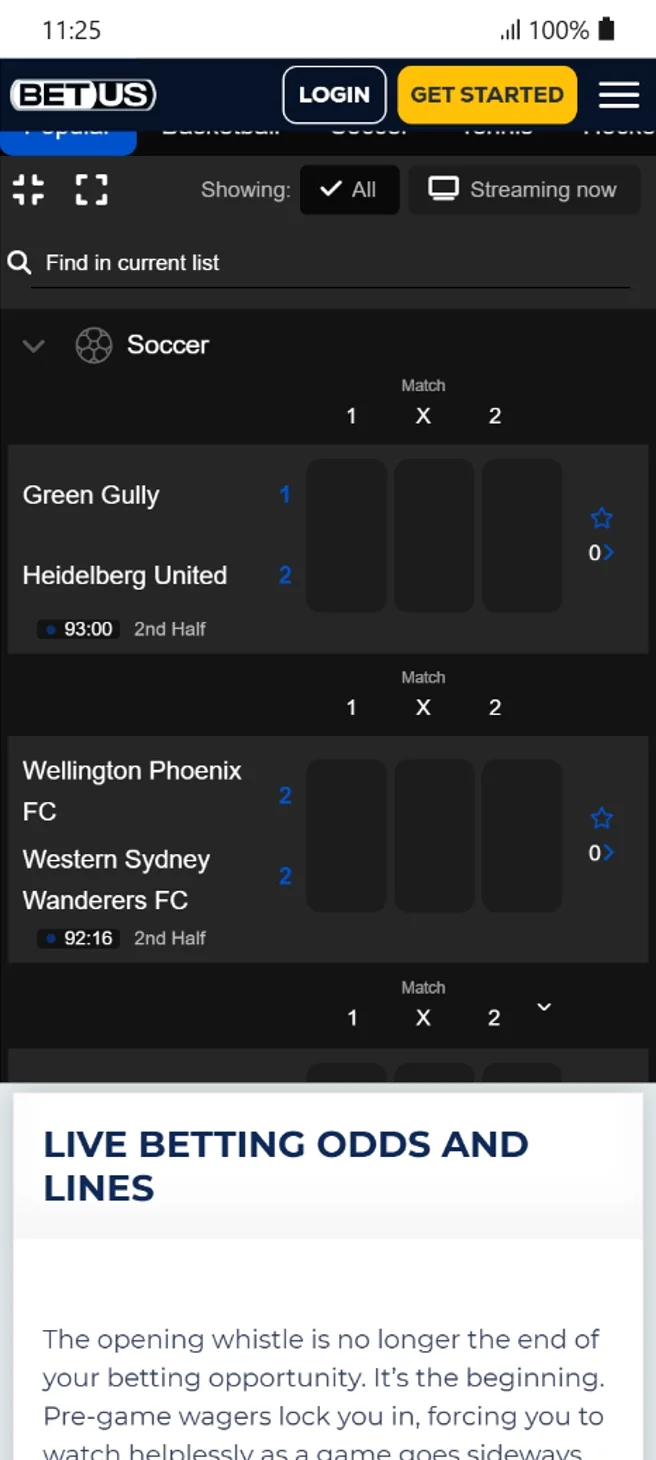 BetUS Live Betting Interface