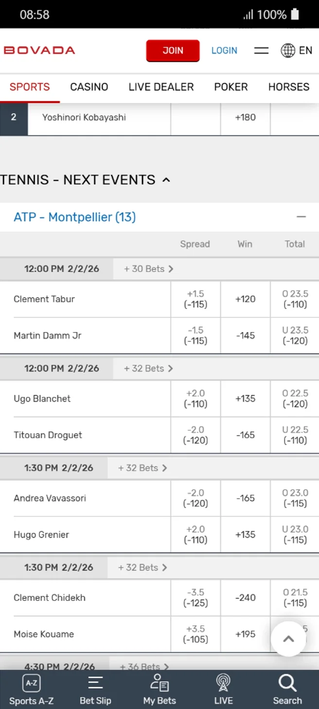 ATP Tennis betting markets