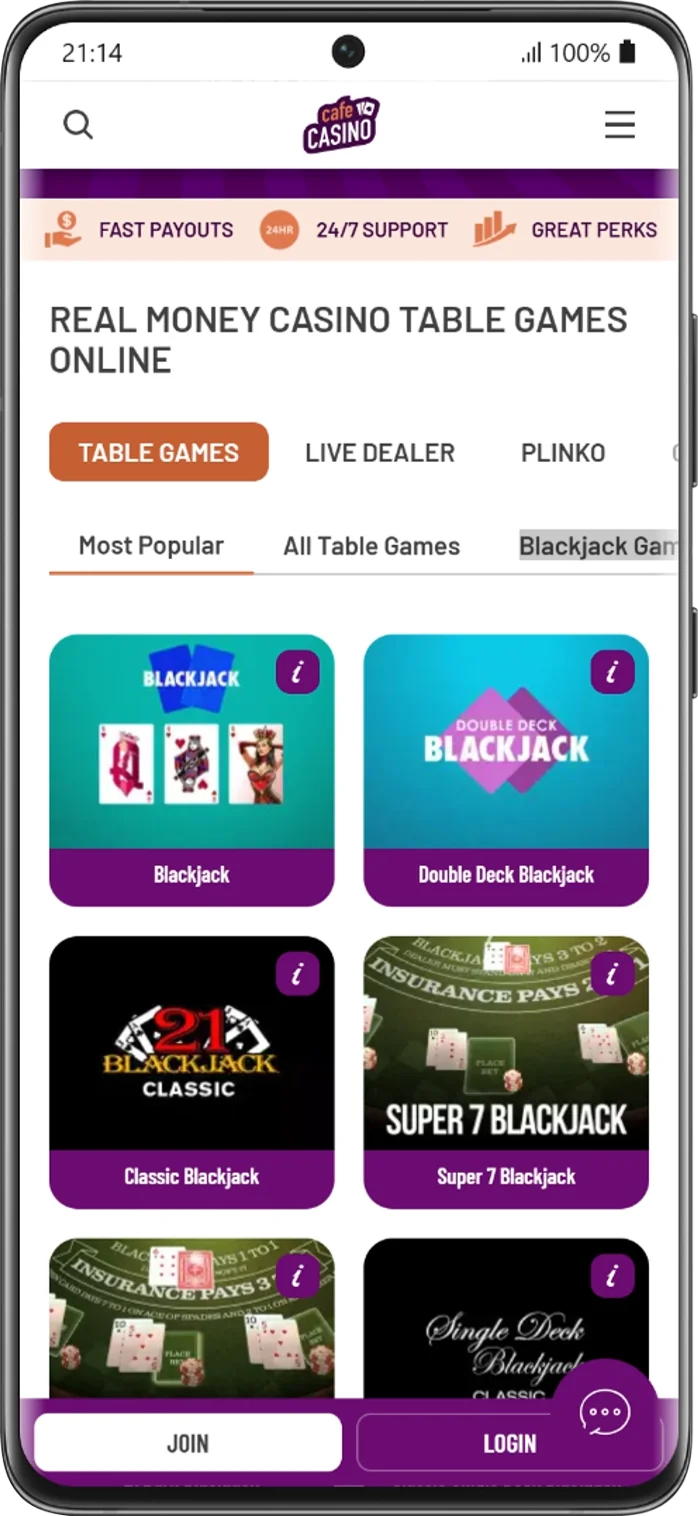Cafe Casino Table Games - Blackjack & Roulette