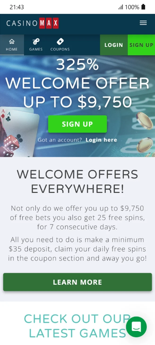 CasinoMax 325% Welcome Bonus