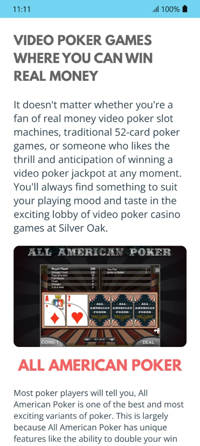 Silver Oak Video Poker Games