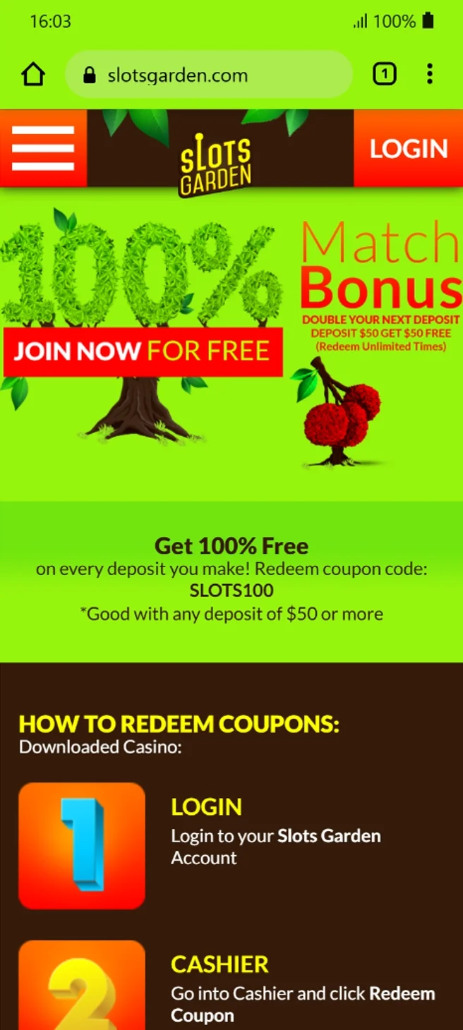 Slots Garden 100% Bonus Promotion