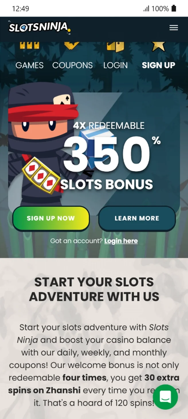 Slots Ninja 350% Welcome Bonus