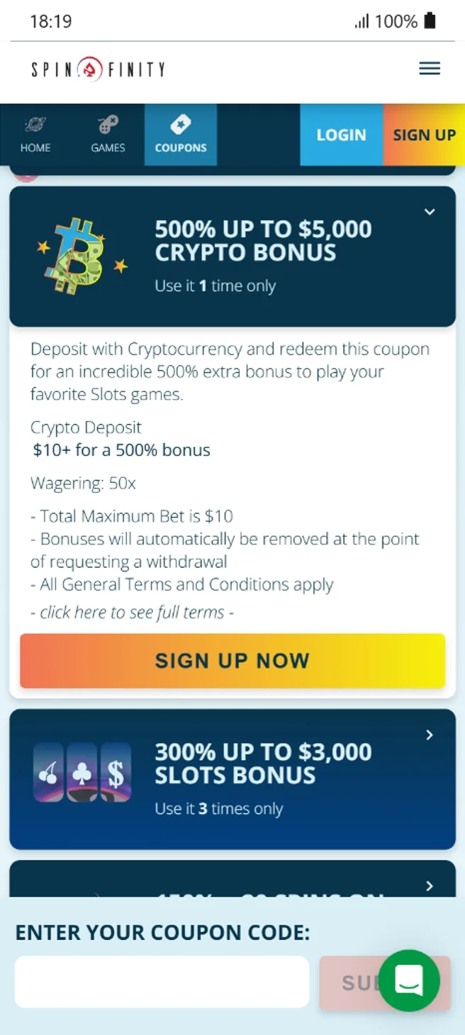 Spinfinity 500% Crypto Welcome Bonus