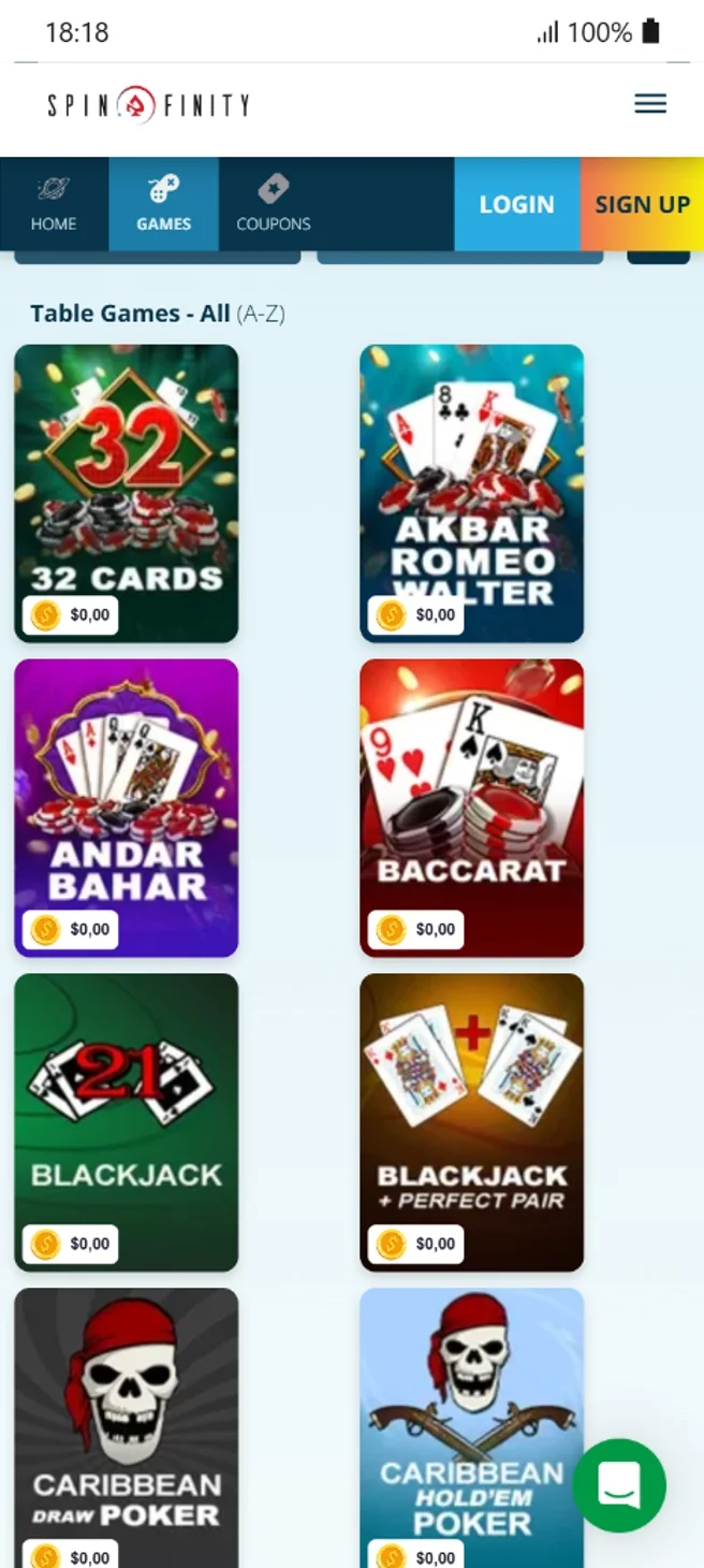 Spinfinity Table Games Blackjack Roulette