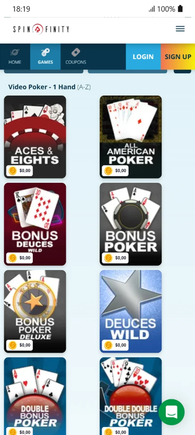 Spinfinity Video Poker Games